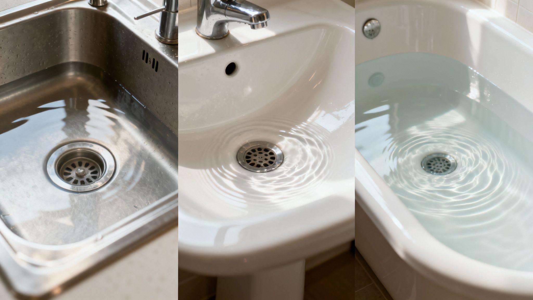 Three household drains: a kitchen sink, bathroom sink, and bathtub filled with water.