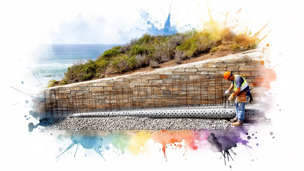 Construction worker builds a retaining wall on a scenic hillside by the ocean, with exposed construction layers.