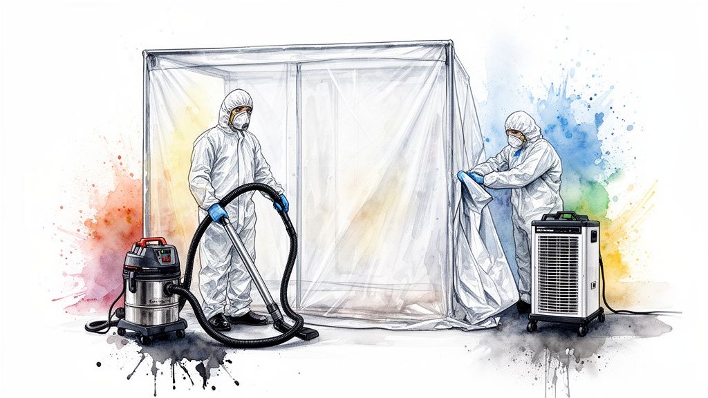 Two workers in hazmat suits clean a containment area, one with a vacuum, the other by a filtration unit.