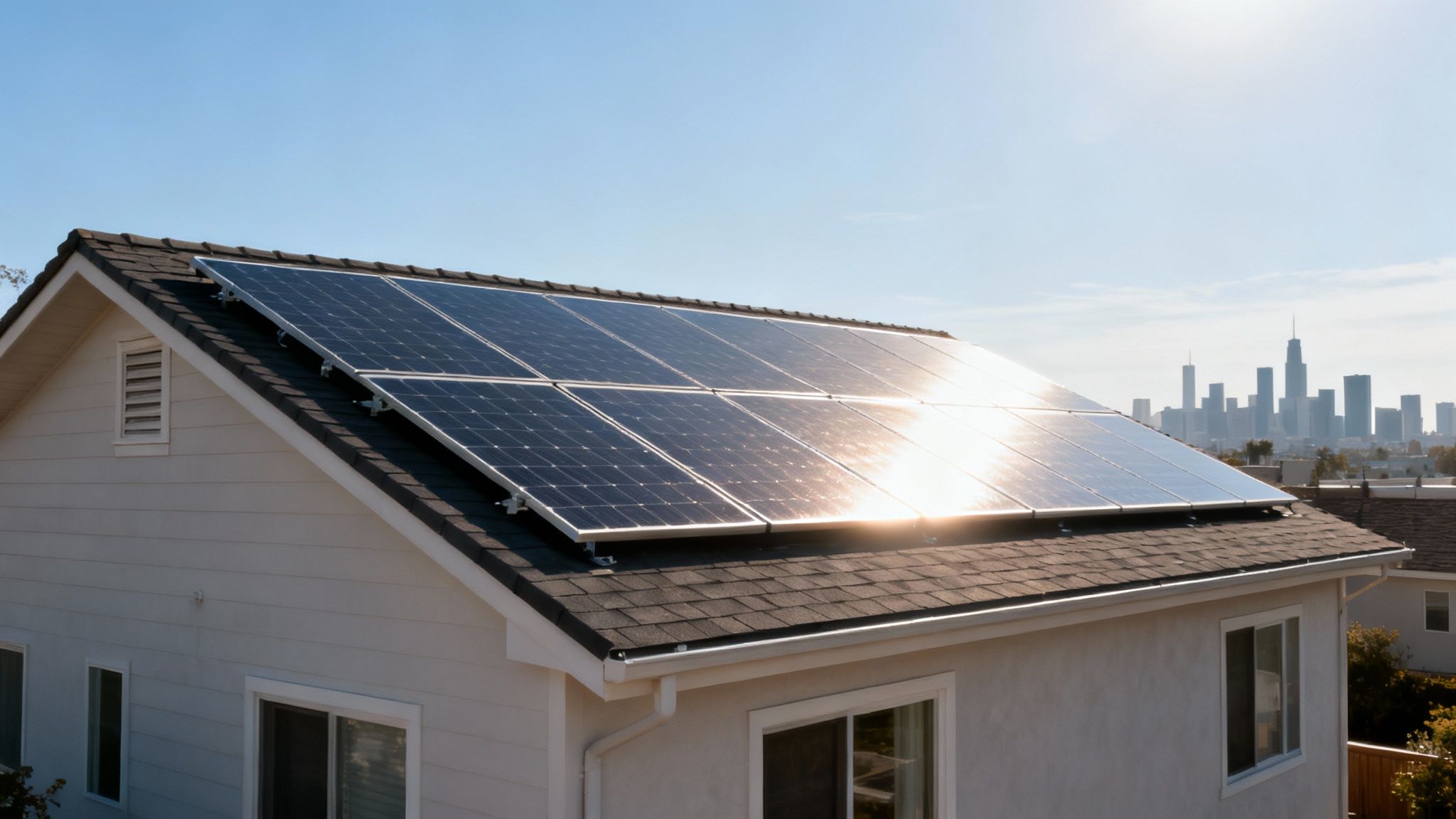 A house with solar panels on its roof, reflecting sunlight, with a city skyline in the background.