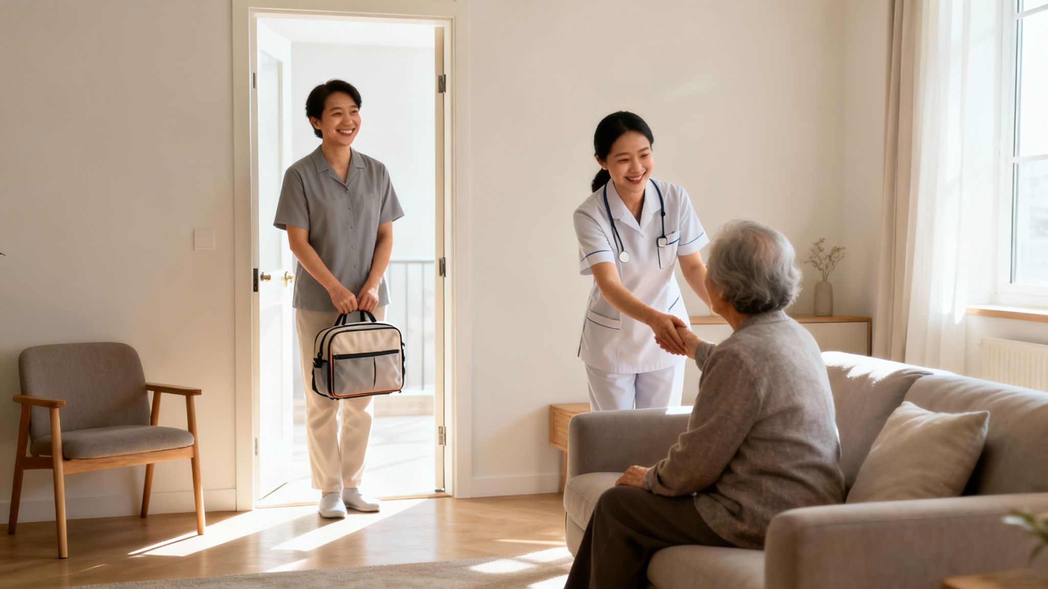 Two smiling Asian female caregivers arriving at a bright home, assisting an elderly woman on a sofa.
