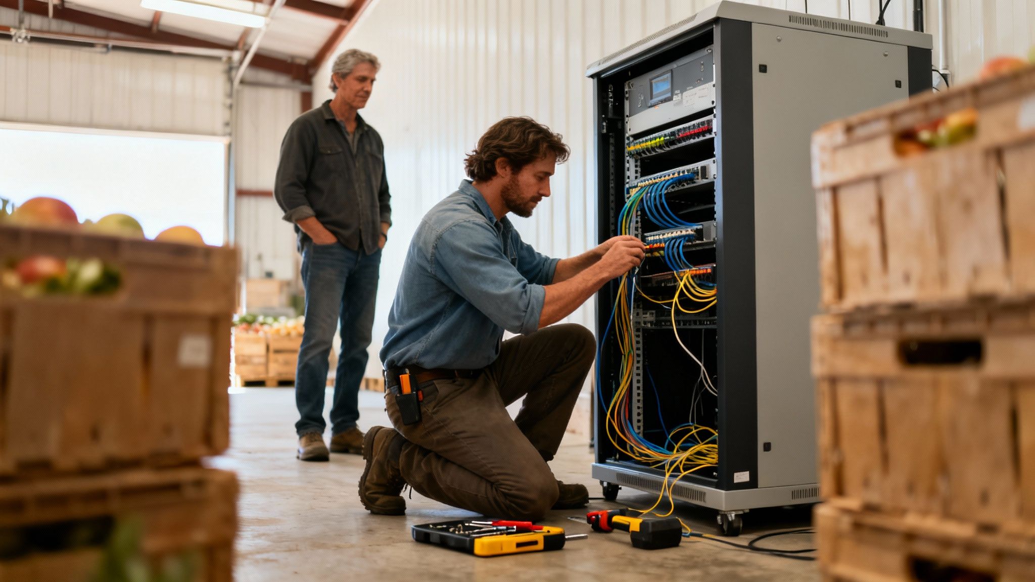 An IT technician installing cables in a server rack with another man observing in a warehouse setting.