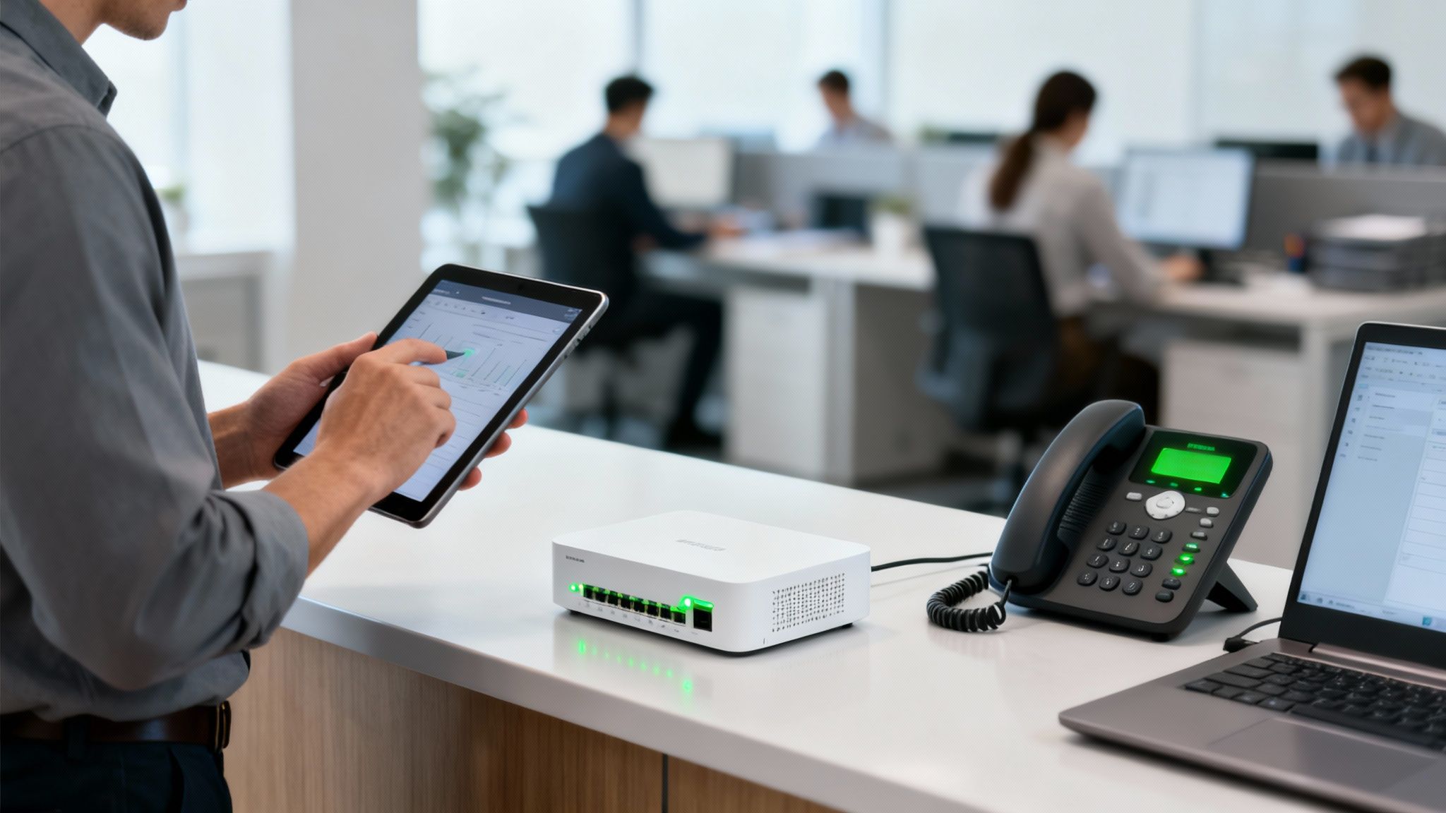 A person uses a tablet to monitor a network switch, a desk phone, and a laptop in a modern office.