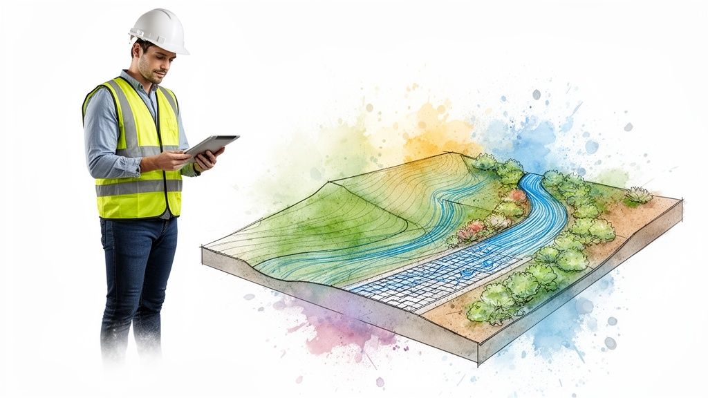 Construction worker with tablet inspecting an eco-friendly landscape design featuring a river and permeable paving.