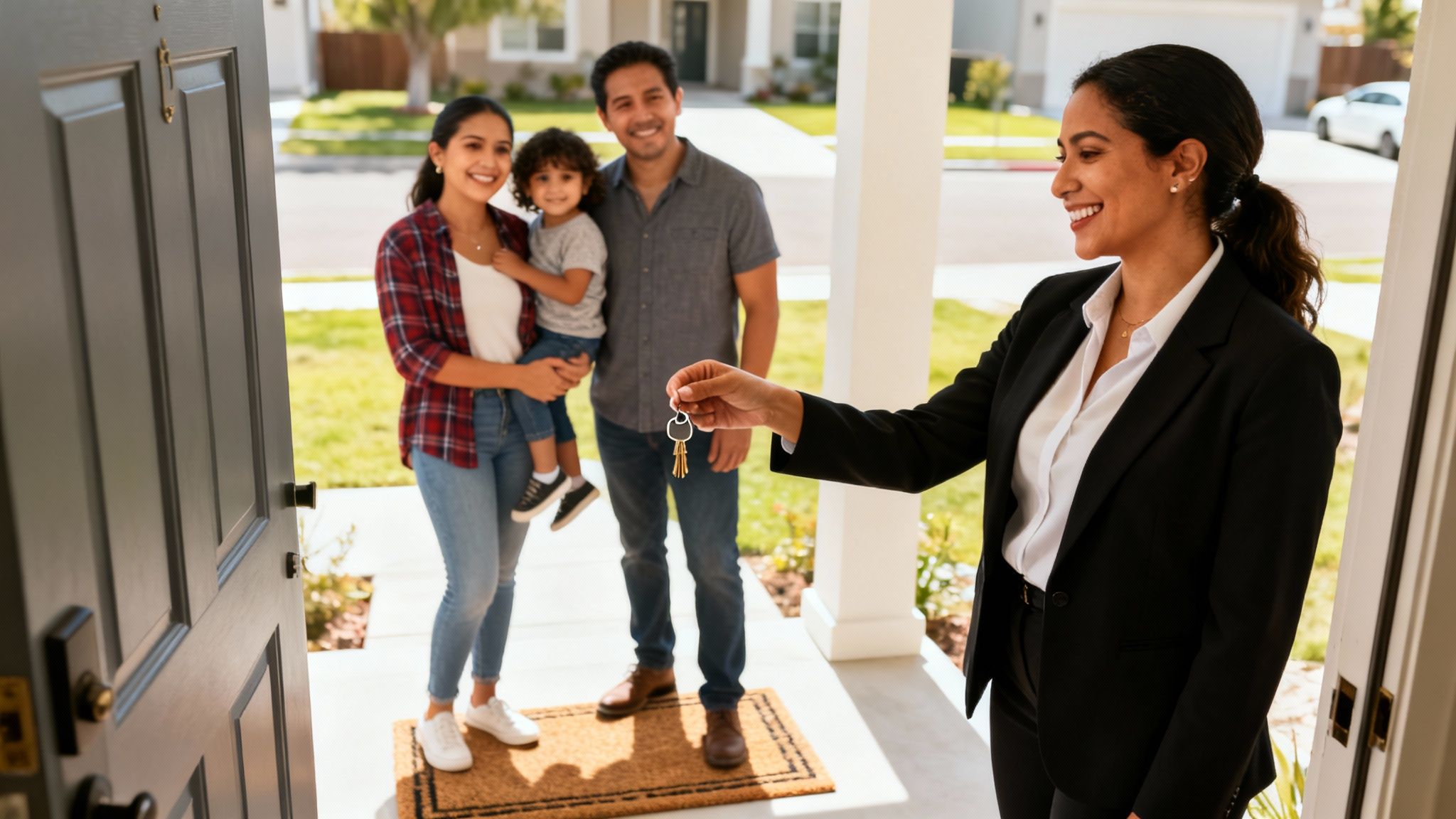 A smiling real estate agent hands house keys to a happy family in front of their new home.