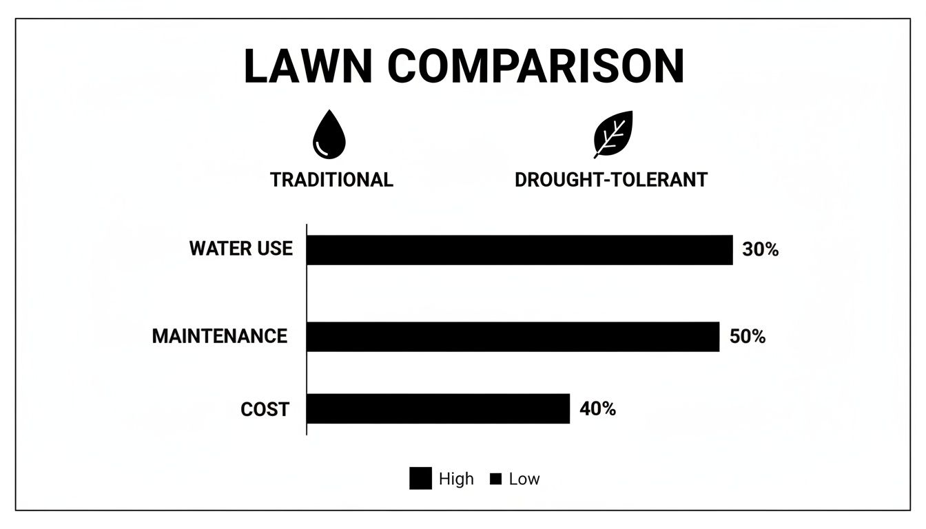 Bar chart comparing water use, maintenance, and cost for traditional versus drought-tolerant lawns.