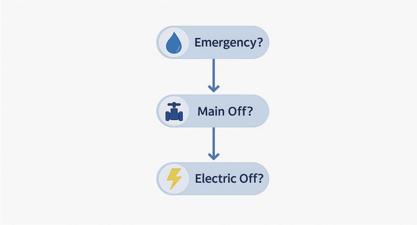 Infographic decision tree for a plumbing emergency showing a water drop icon leading to a valve icon, which leads to a lightning bolt icon.