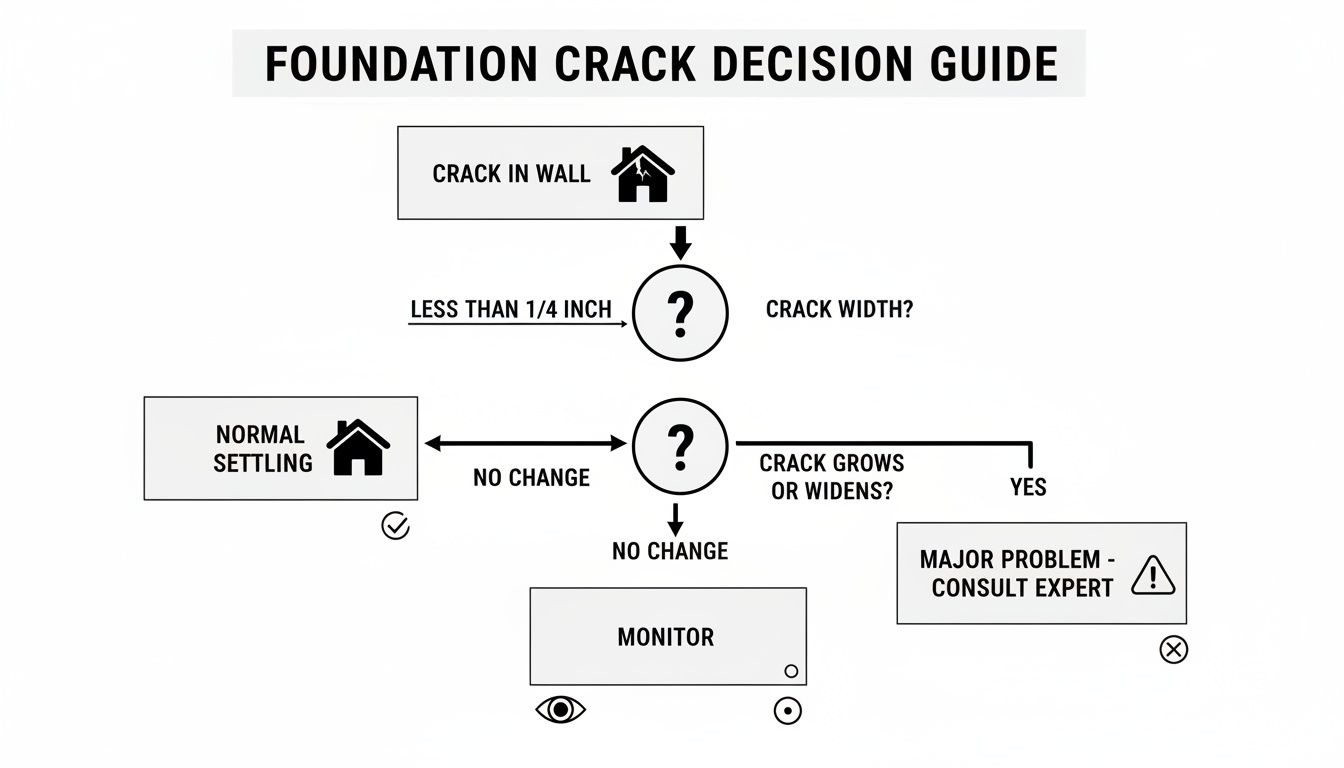 Flowchart guide for foundation crack analysis, deciding if a crack indicates normal settling, needs monitoring, or major repair.