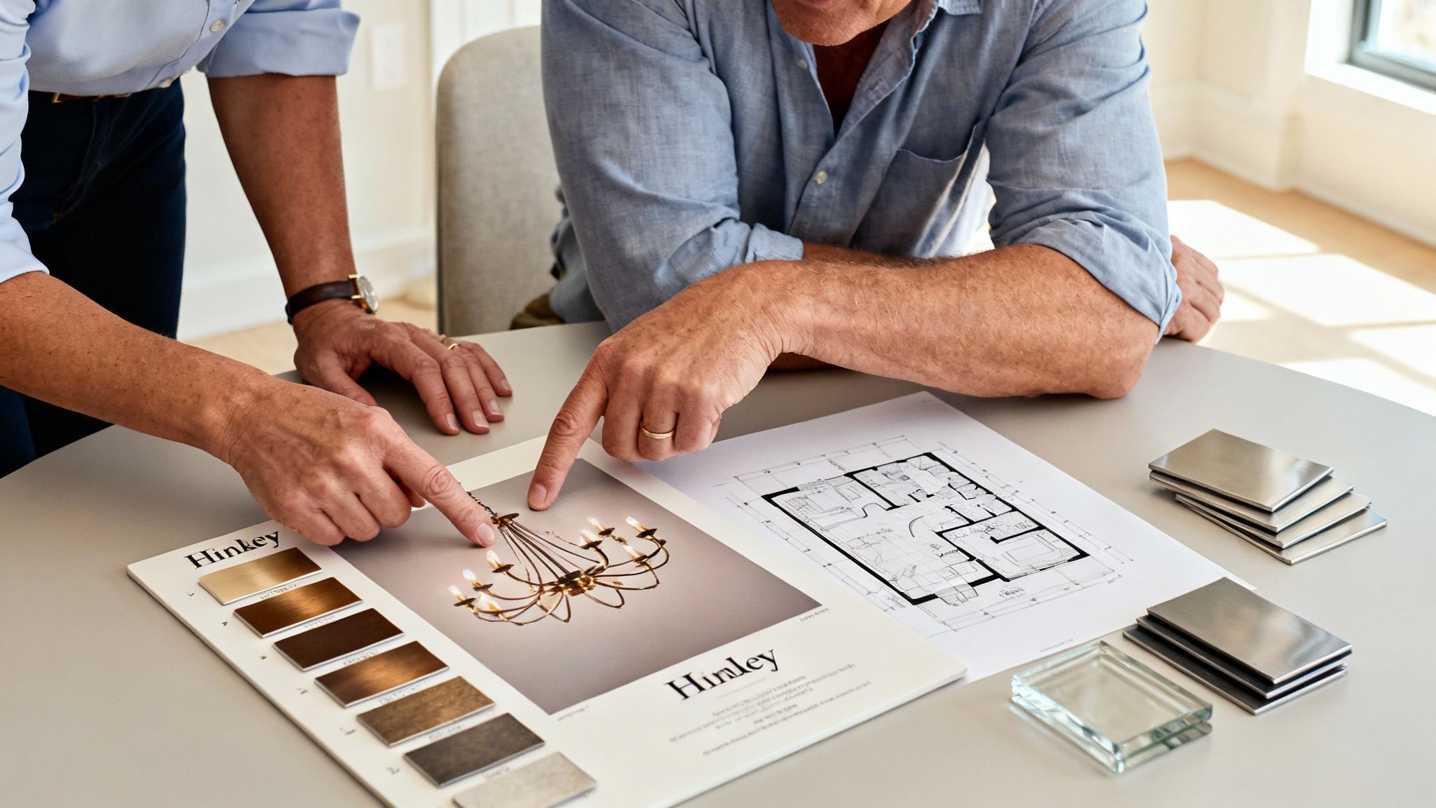 Two people discuss interior design, pointing at a Hinkley chandelier and metallic finish samples.