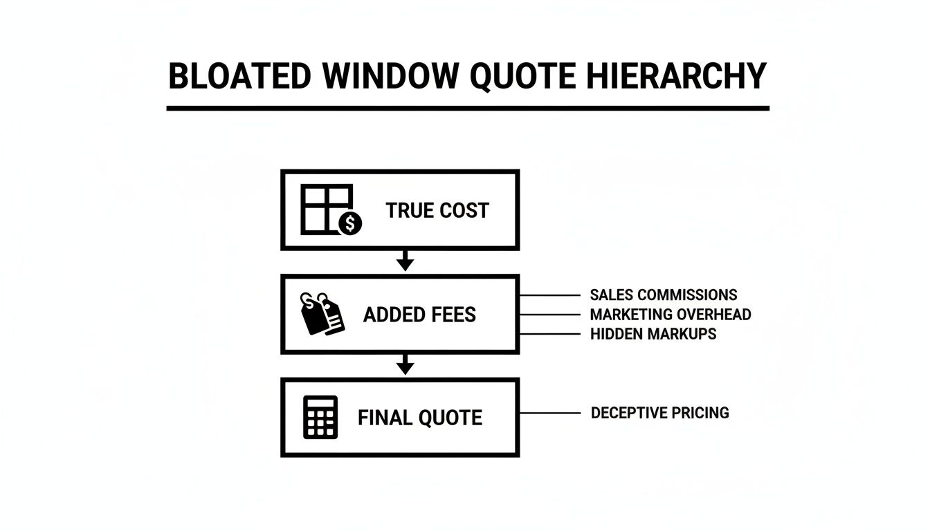Diagram illustrating the bloated window quote hierarchy, showing true cost, added fees, and final deceptive pricing.