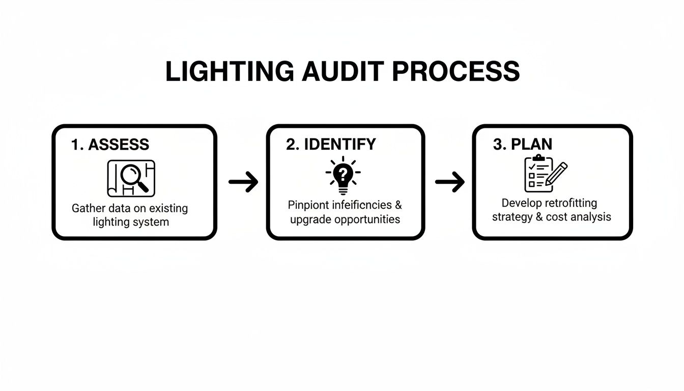 Flowchart outlining a 3-step lighting audit process: assess, identify, and plan for upgrades.