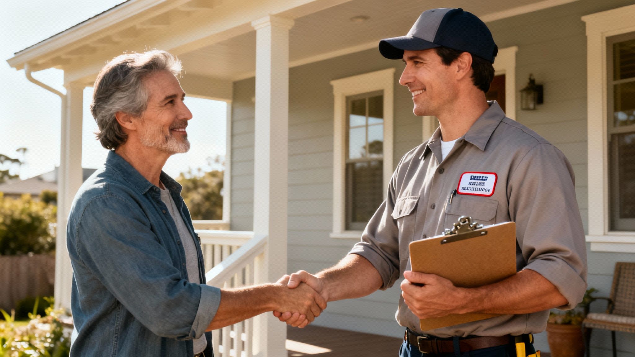 A smiling service technician in a uniform shakes hands with a happy homeowner on a porch.