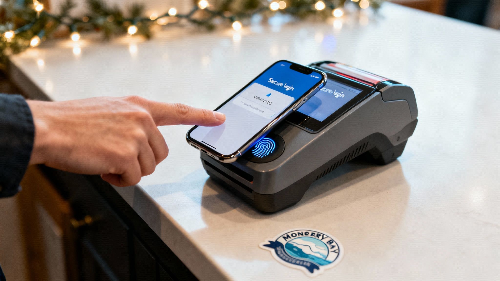 Customer using smartphone for secure contactless payment with fingerprint authentication at Monterey Bay business terminal