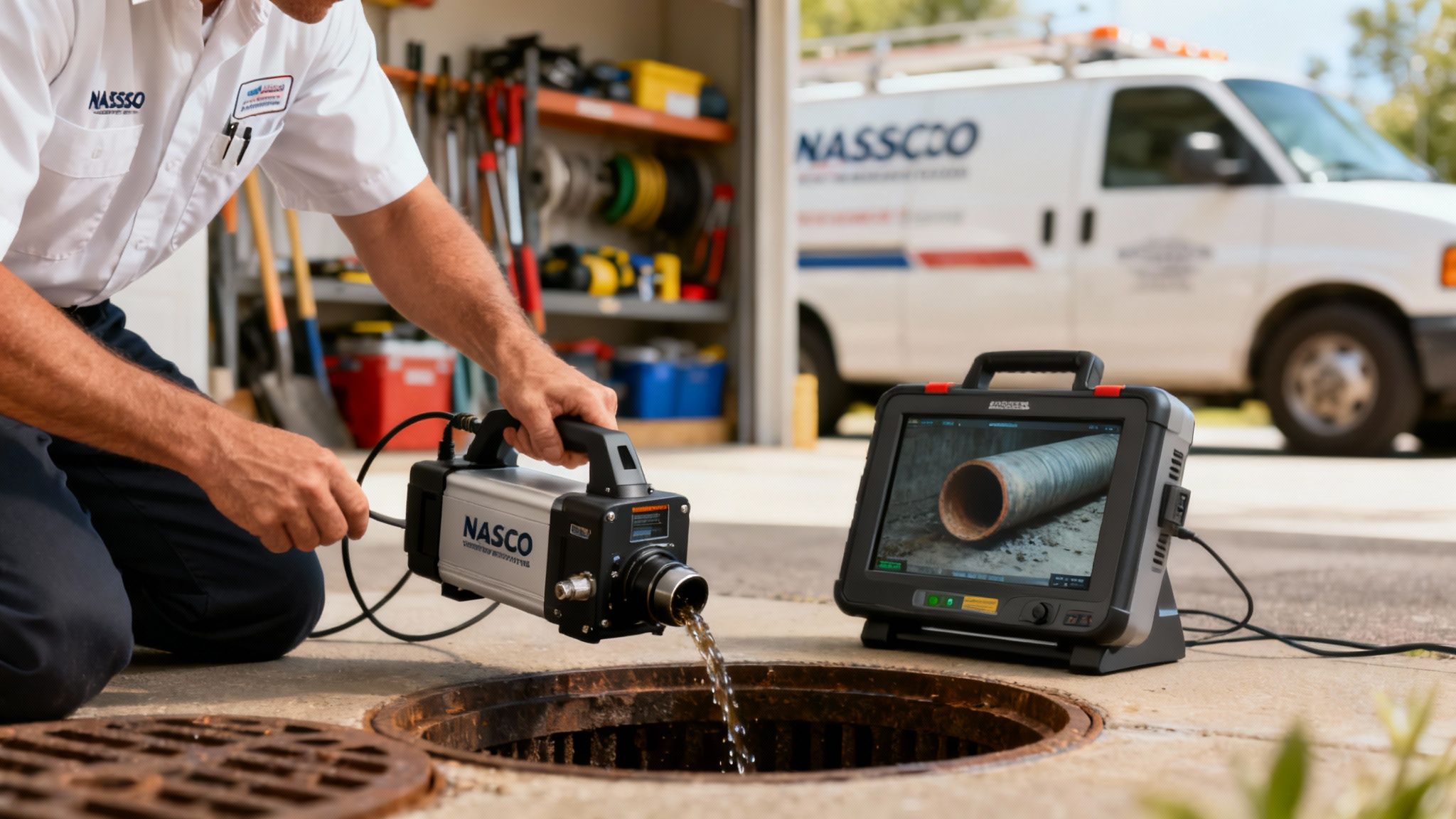 A technician operates a NASSCO sewer inspection camera, displaying a pipe view on a monitor.