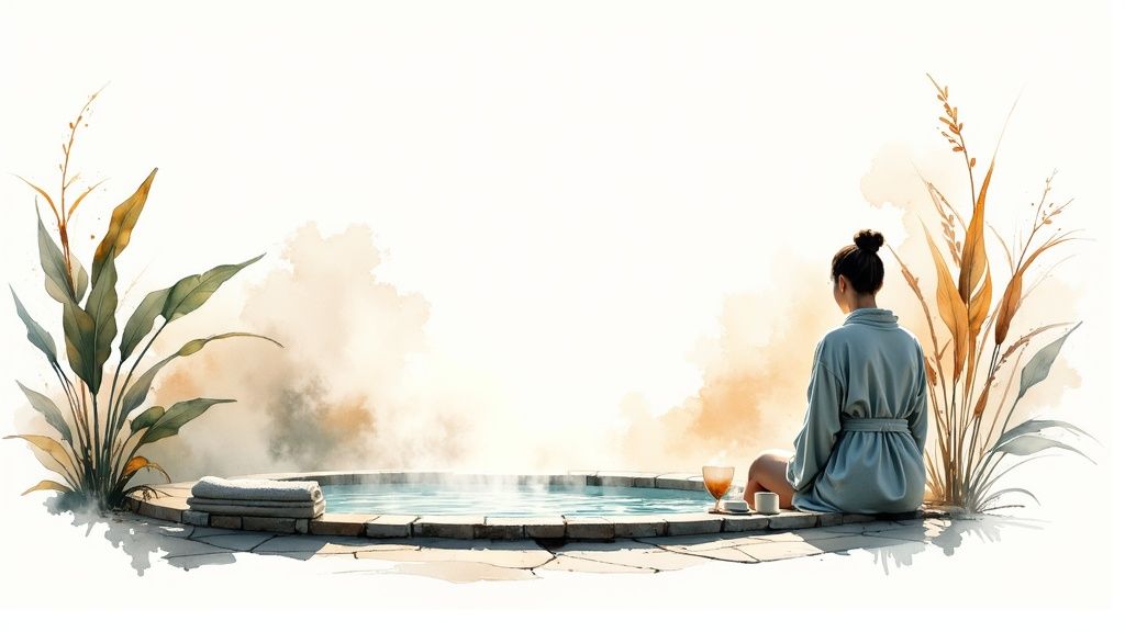 A woman in a robe sits peacefully by a steaming hot tub surrounded by lush plants.