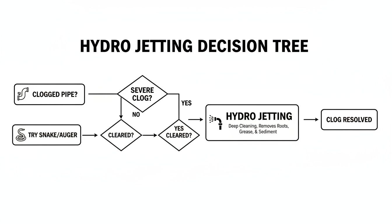 When Should You Use Hydro Jetting for Your Monterey Home? A Quick Guide 2 A hydro jetting decision tree flowchart, guiding users on when to use hydro jetting for clogged pipes.