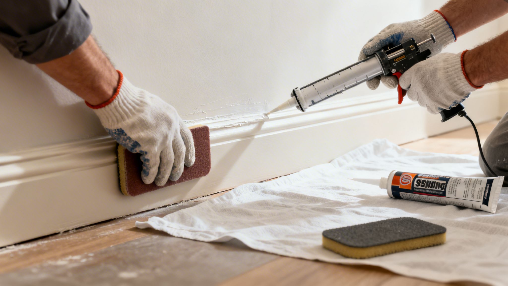 Gloved hands apply caulk to a white wall and baseboard while sanding a finished section.