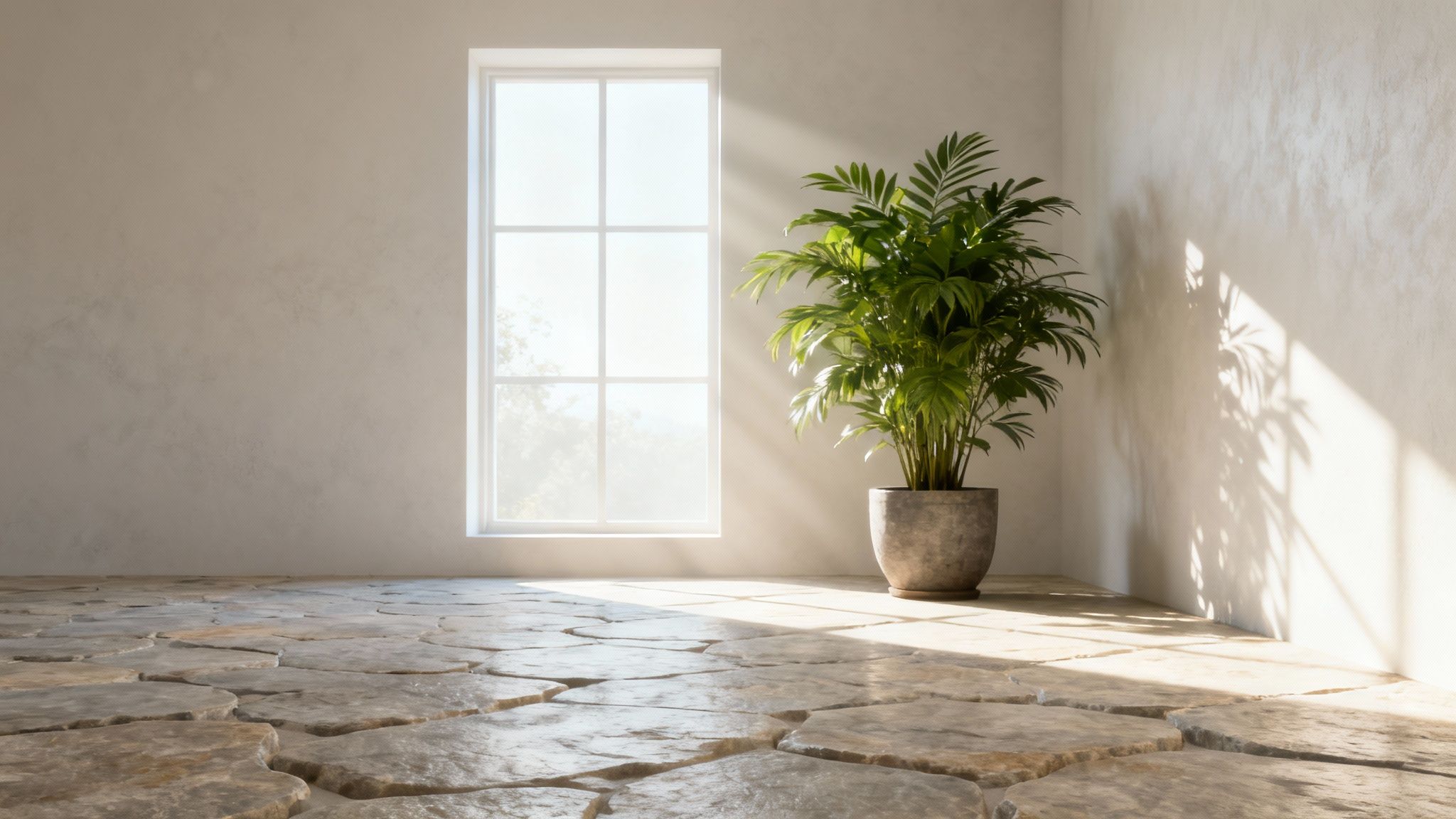 A bright and airy living room with large windows, showcasing a beautiful natural stone floor that adds to the room's serene and healthy atmosphere.