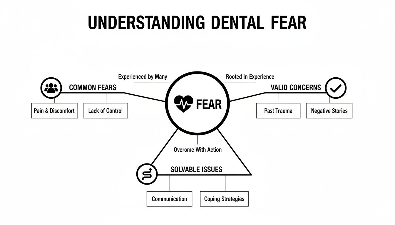A diagram explaining dental fear, showing common fears, valid concerns, and solvable issues.