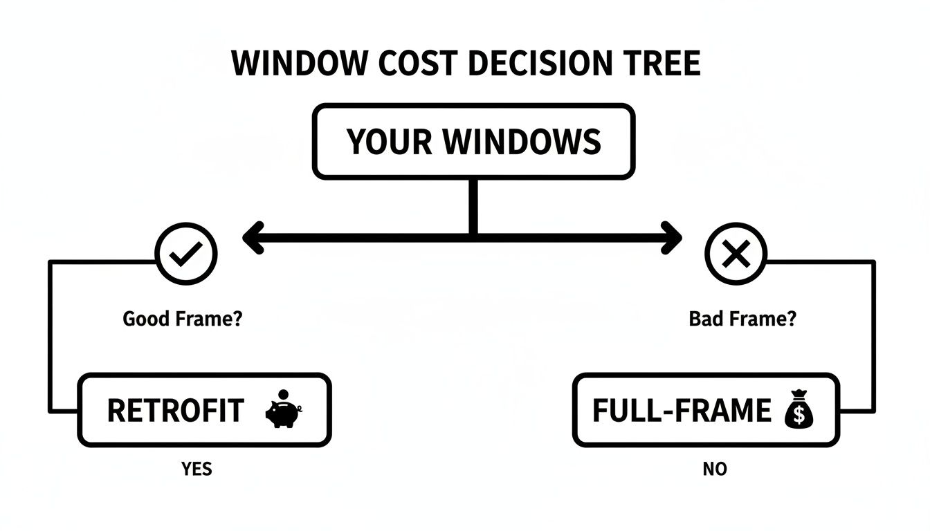 Decision tree for window replacement, showing retrofit for good frames and full-frame for bad frames.