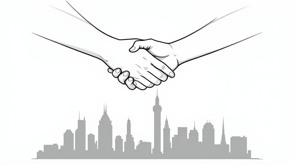 A handshake between two professionals, symbolizing a successful business partnership.