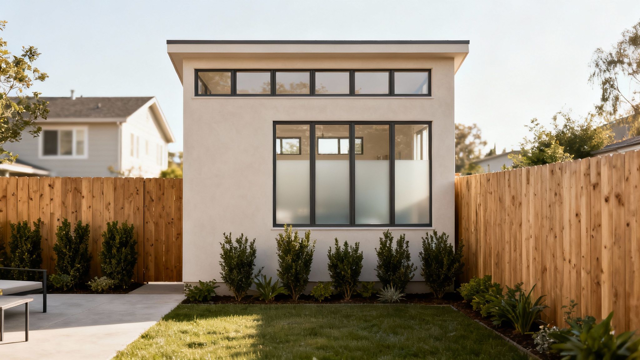 Modern backyard ADU with frosted windows, a wooden fence, and green landscaping under a clear sky.
