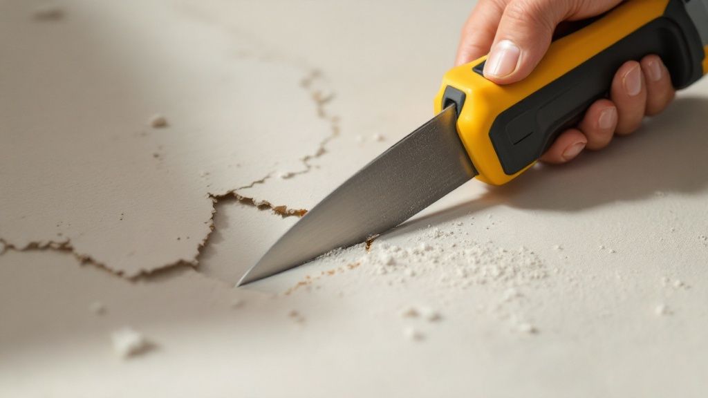A person preparing a drywall surface by sanding it smooth before applying any patching compound or paint.