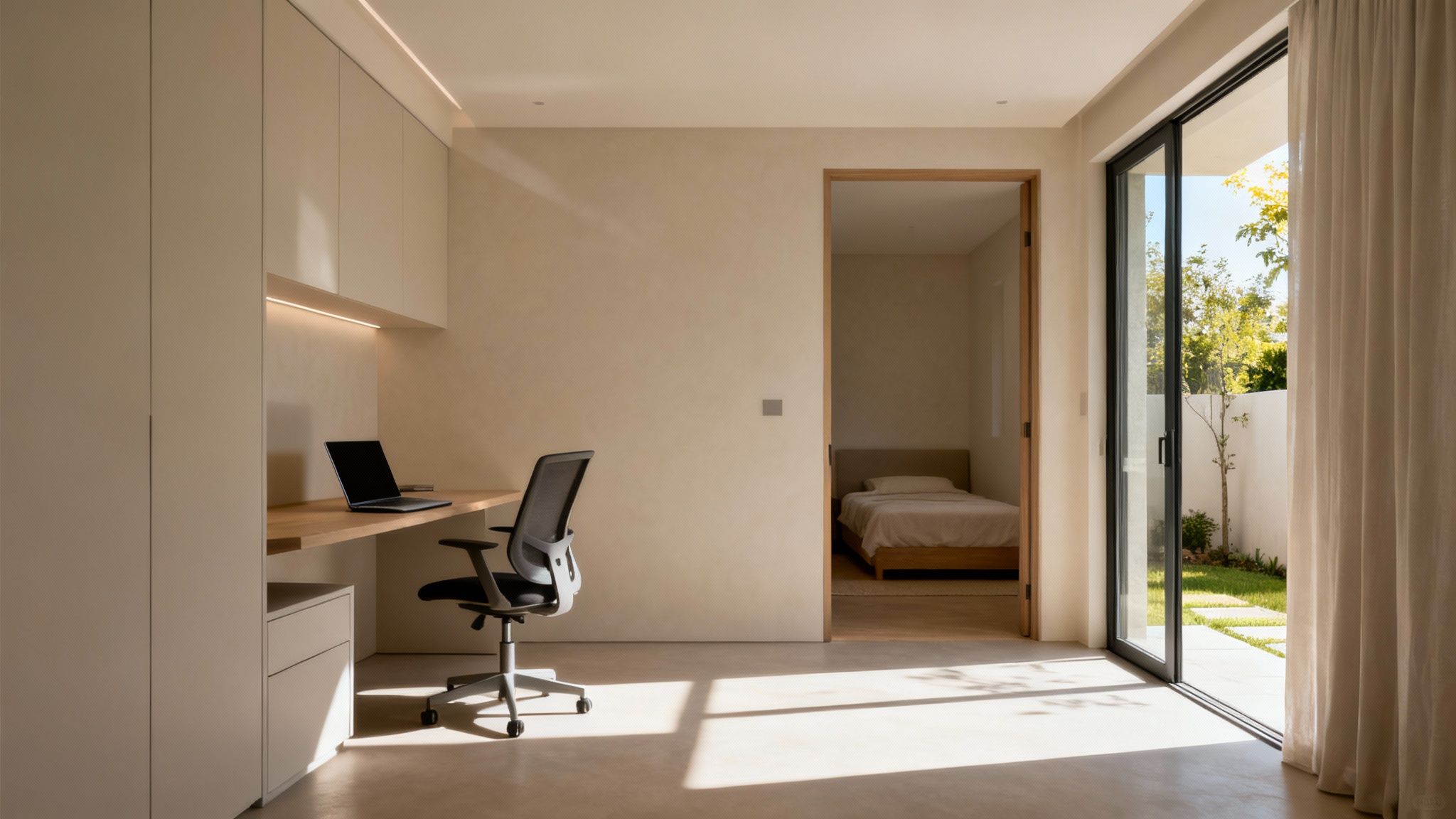 A modern home addition with large glass doors that open up to a beautifully landscaped patio, creating a seamless indoor-outdoor living space.