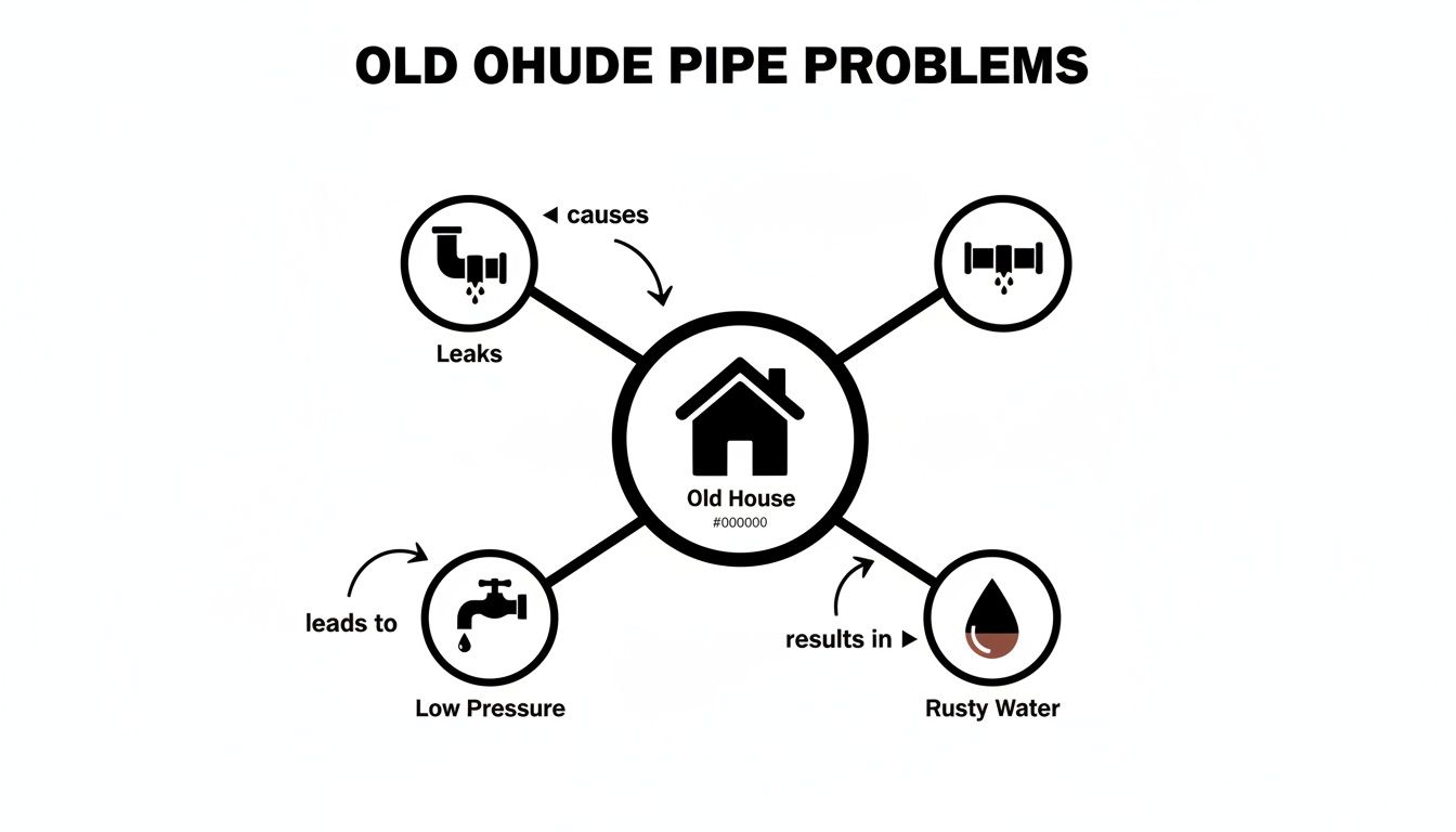 A diagram illustrating old pipe problems in a house, showing issues like leaks, low pressure, and rusty water.