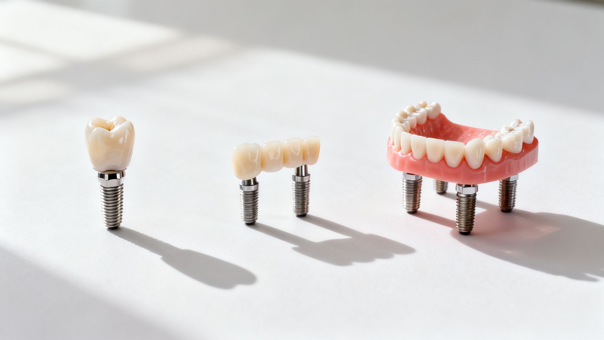 Three dental implant models: a single tooth, a bridge, and a full arch prosthesis on a white surface.