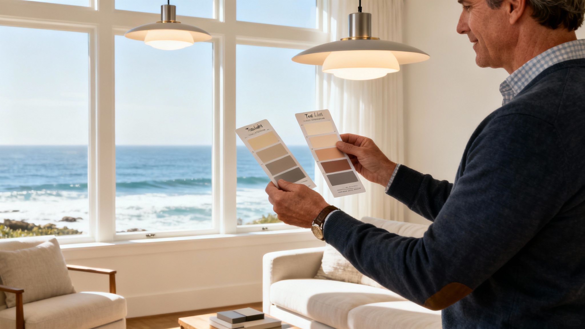 A modern living room featuring sleek, minimalist Tech Lighting fixtures that illuminate the space with a warm, inviting glow.