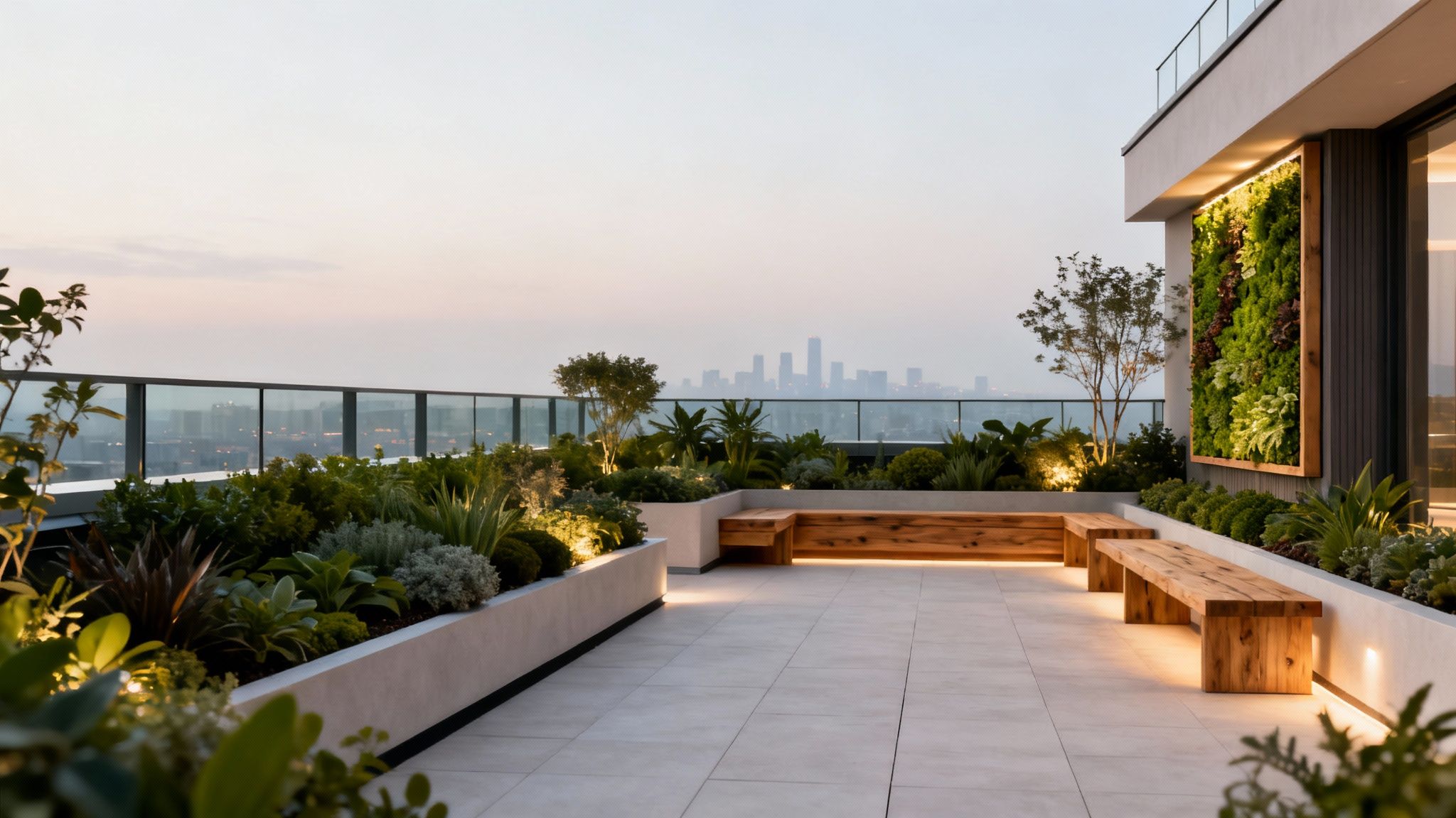 Modern rooftop terrace with sustainable landscaping, wooden benches, and LED lighting overlooking city skyline