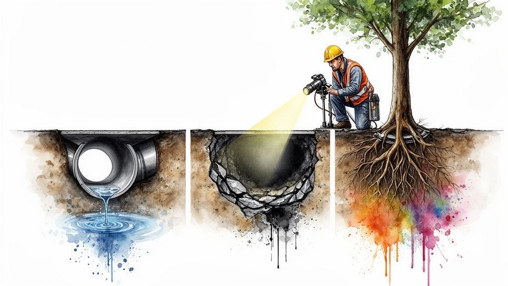 Illustration of underground pipe issues, a worker inspecting a damaged pipe, and tree roots absorbing colorful liquid.