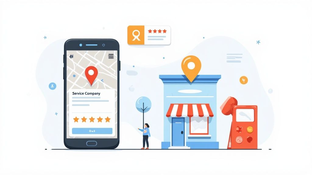 A contractor looking at his phone, with a map of the Monterey Bay Area and SEO-related icons floating around him.