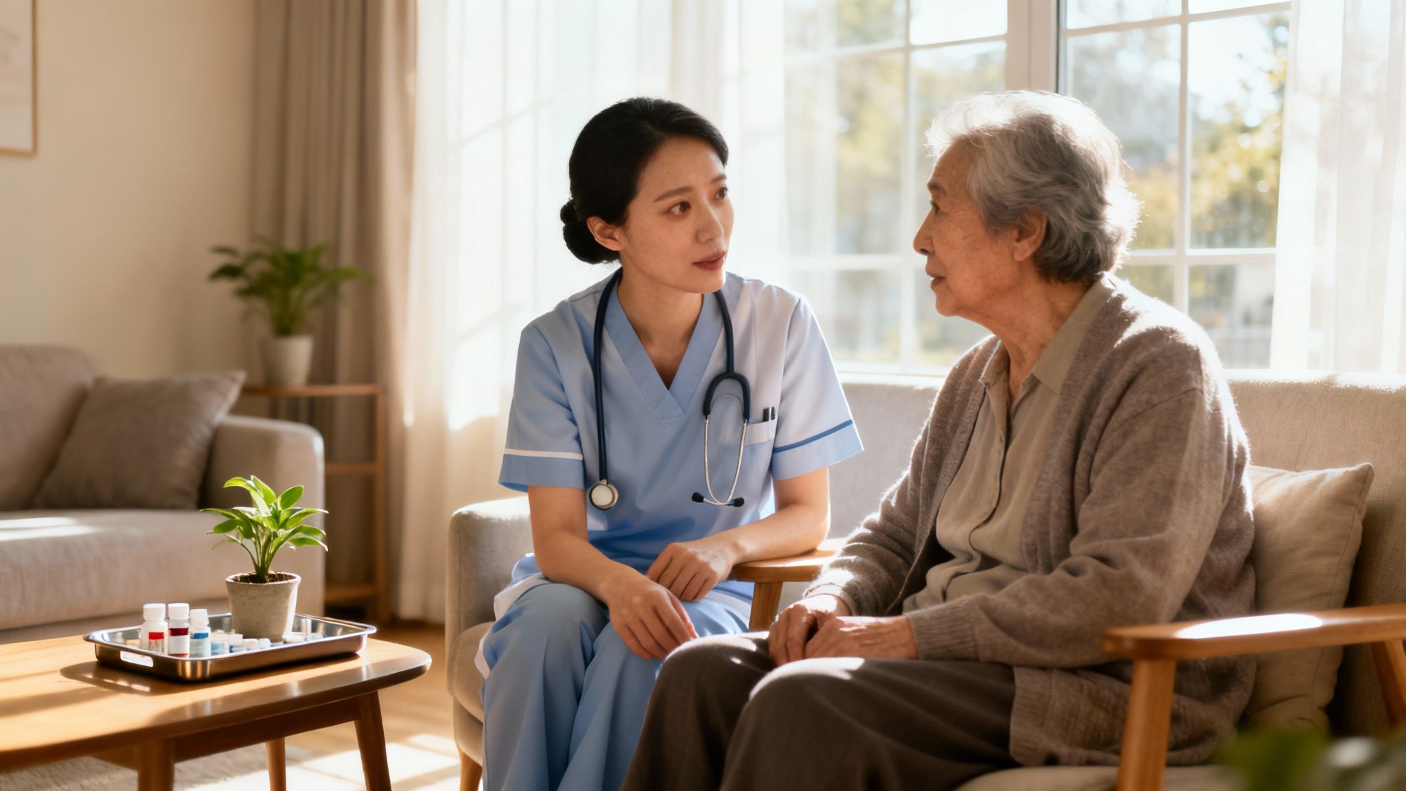 A compassionate Asian nurse talks with an elderly patient in a sunlit living room, discussing healthcare options.