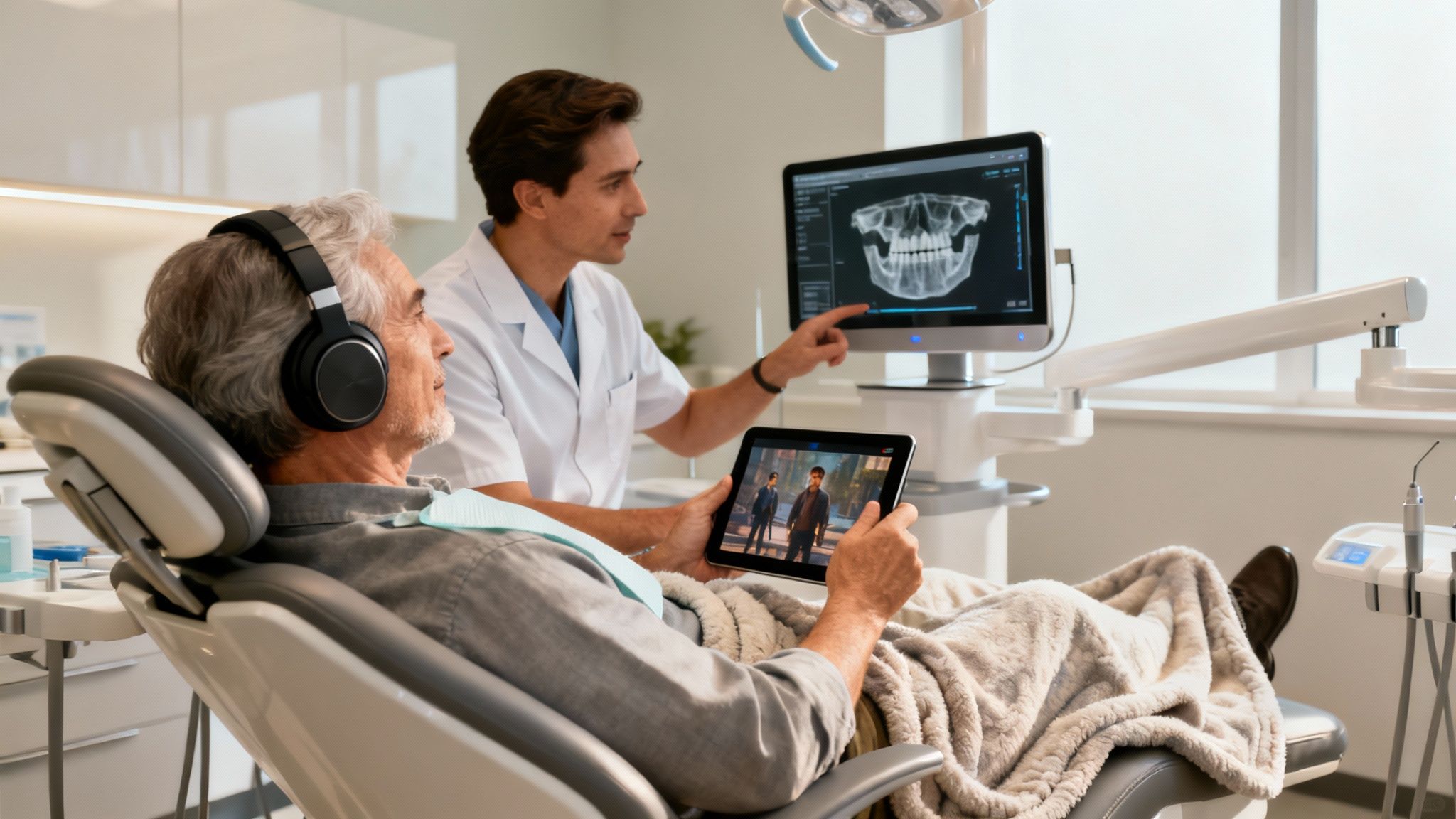 A patient relaxing in a dental chair with headphones and a warm blanket during a procedure.