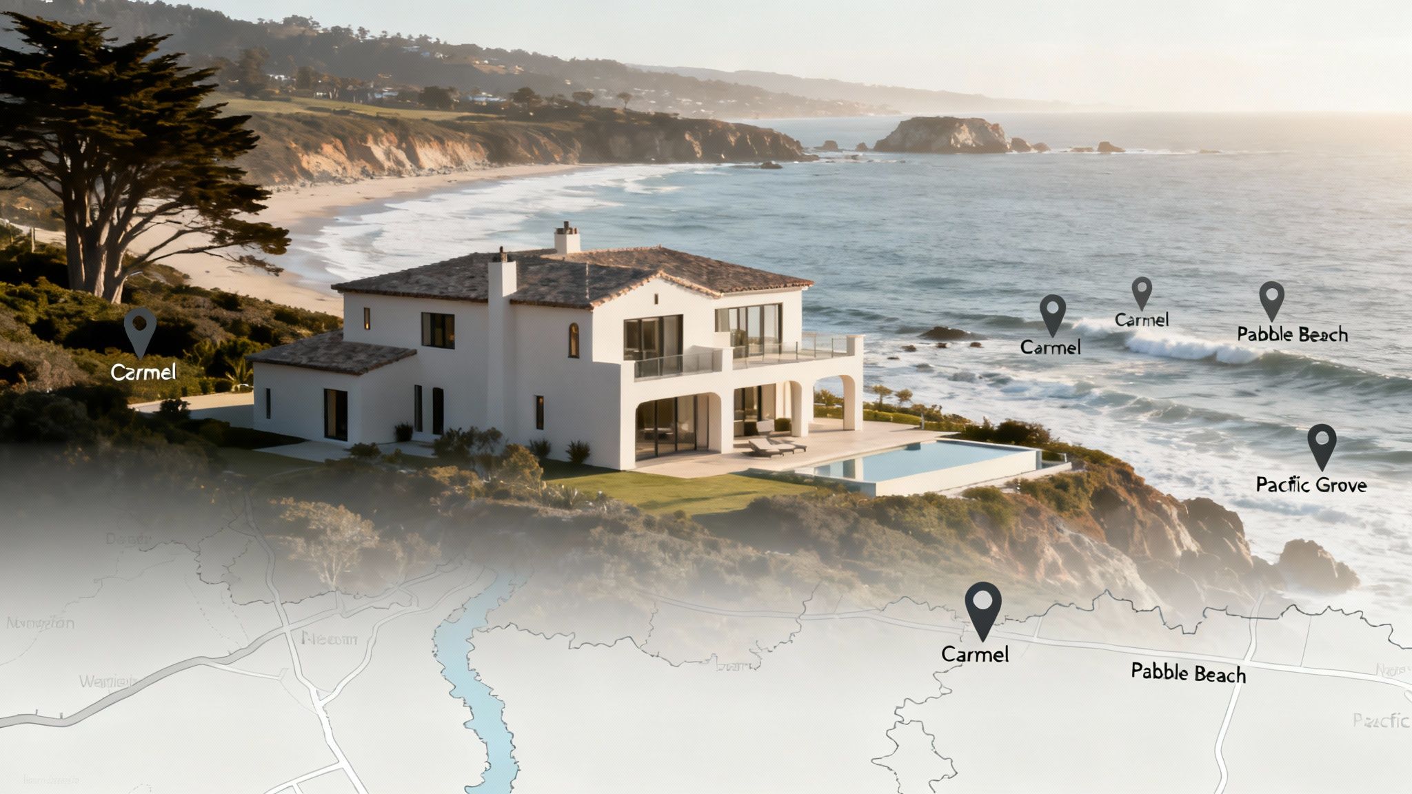 A scenic view of the Monterey County coastline with luxury homes.