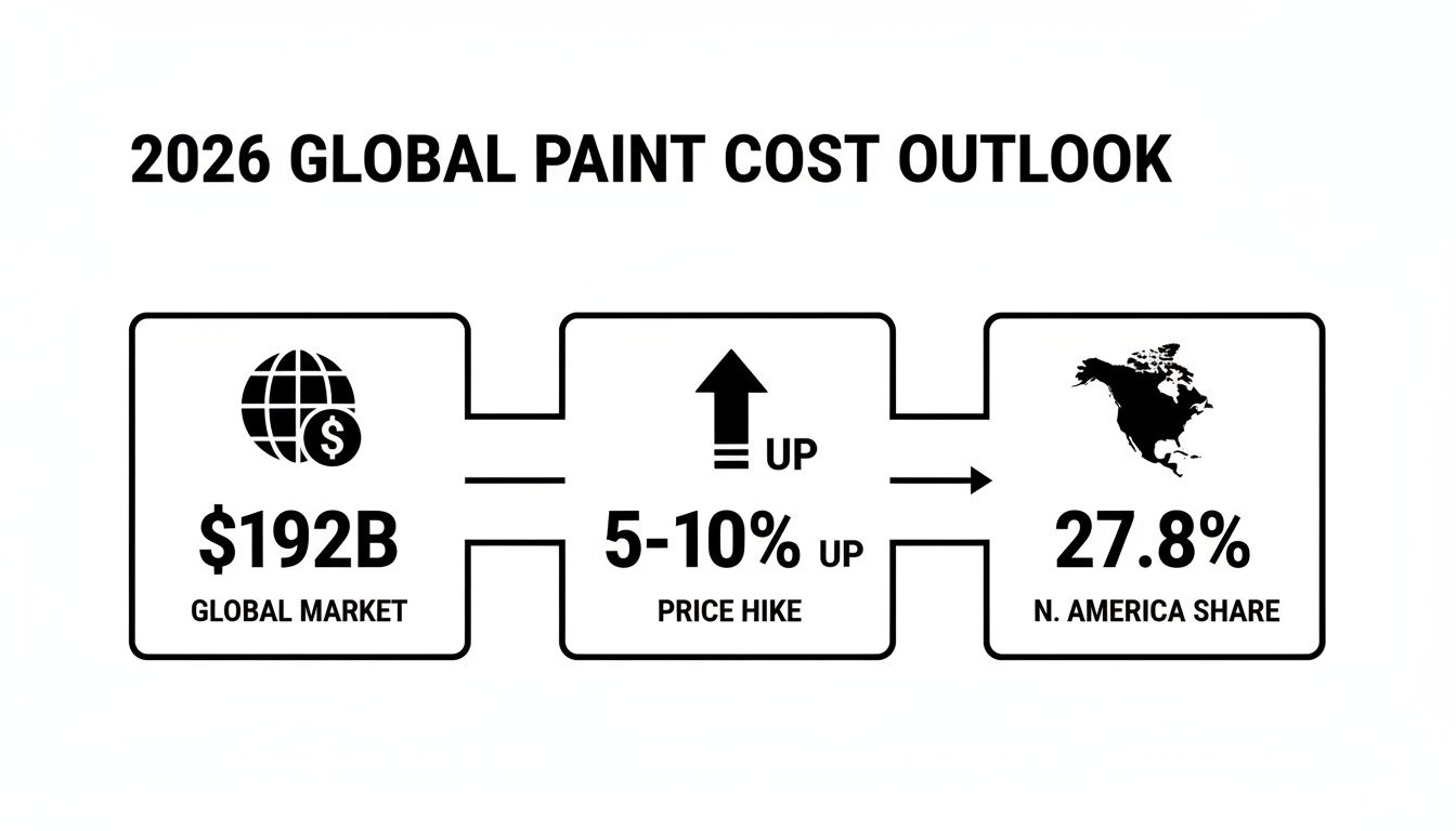 2026 global paint cost outlook showing $192 billion market, 5-10% price hike, and 27.8% North America share.