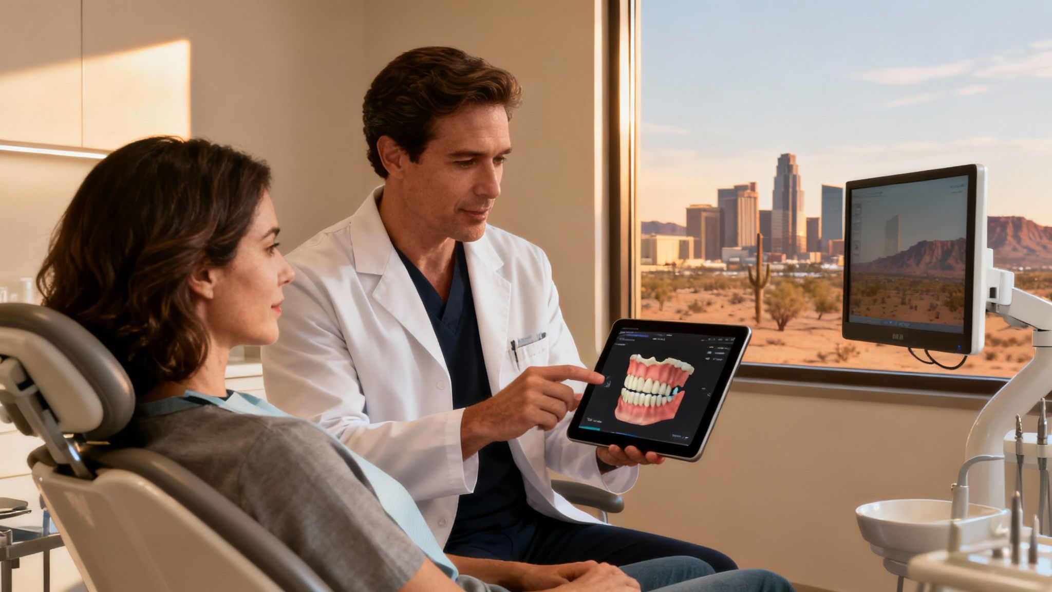 A dentist showing a patient a -D digital scan of their teeth on a screen.