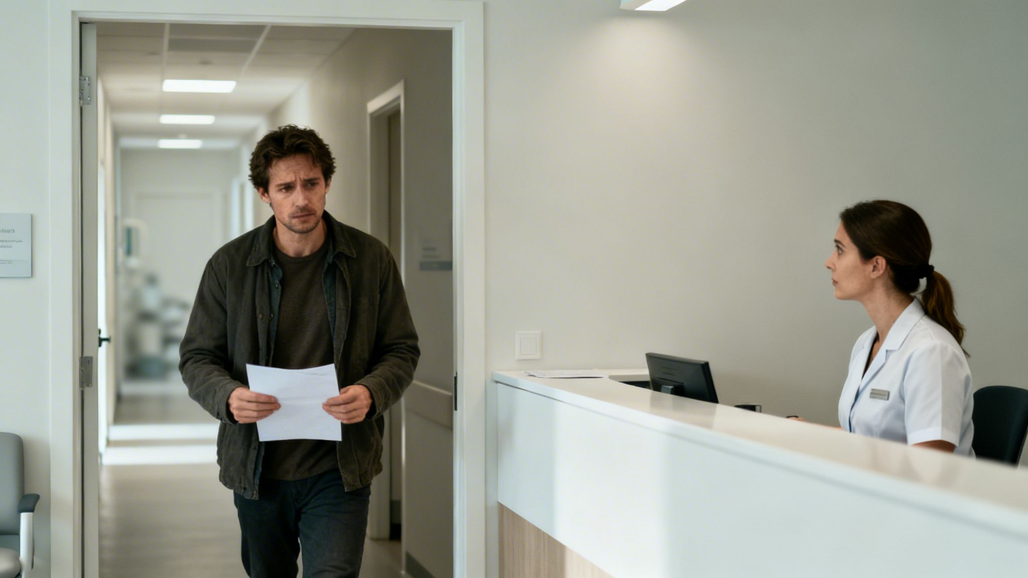 A man holding papers walks past a reception desk where a female healthcare professional sits in a clinic.