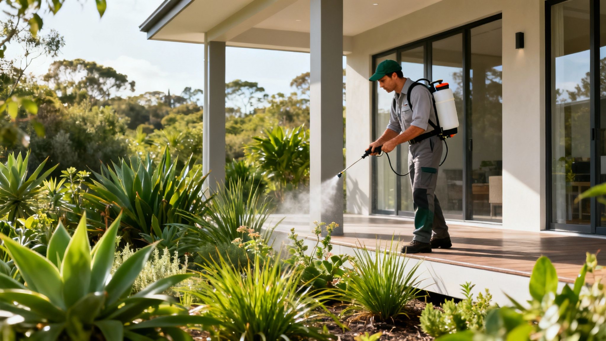A pest control technician inspecting a garden, emphasizing eco-friendly methods.