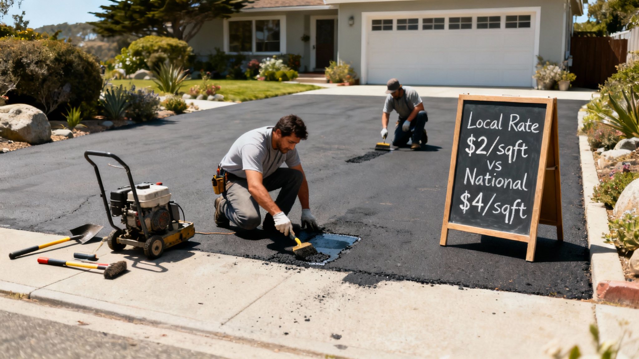 A freshly repaired section of an asphalt parking lot, showing smooth, black pavement next to older, gray asphalt.