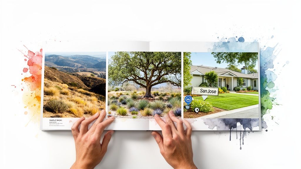 Hands hold a photo book displaying three landscapes: hills, a large tree, and a San Jose house, with watercolor splashes.