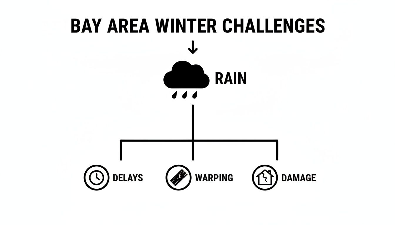 Bay Area winter challenges diagram illustrating how rain causes delays, material warping, and property damage.