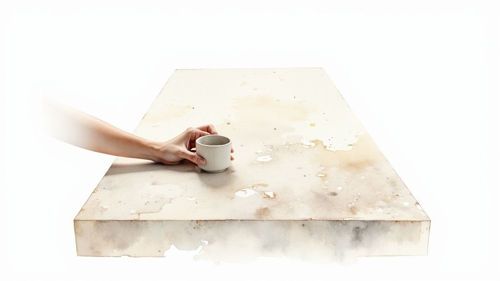A hand holds a ceramic cup on a textured, light-colored stone surface with watercolor stains.