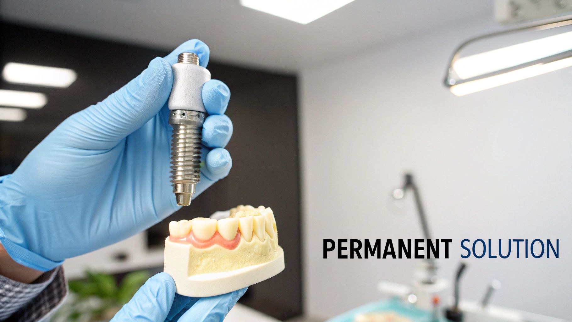 A gloved hand holds a dental implant and a jaw model in a dental clinic, emphasizing a permanent solution.