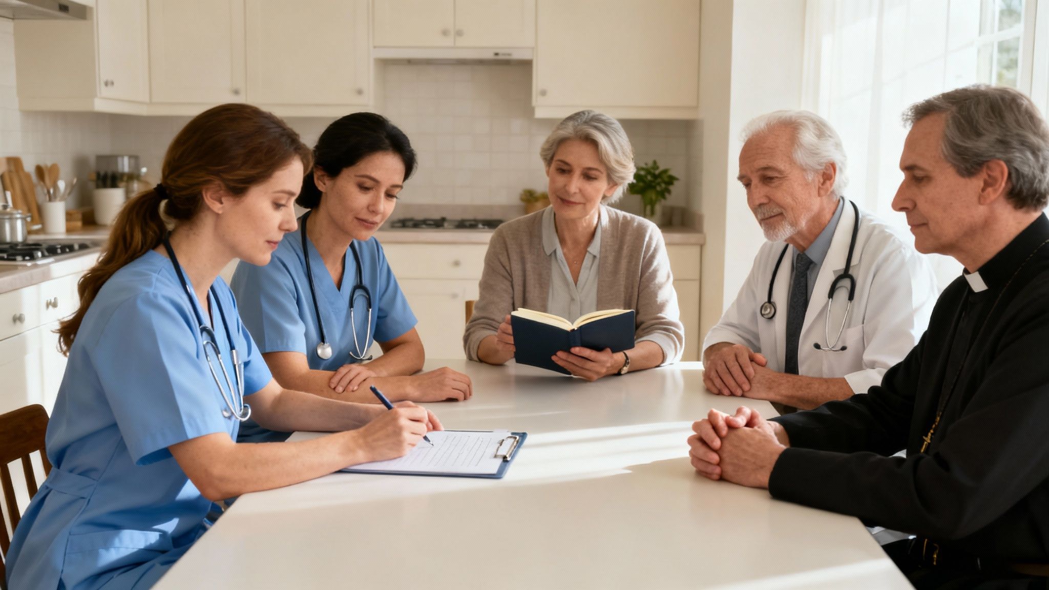 A compassionate nurse offers a comforting hand to an elderly patient in their home.