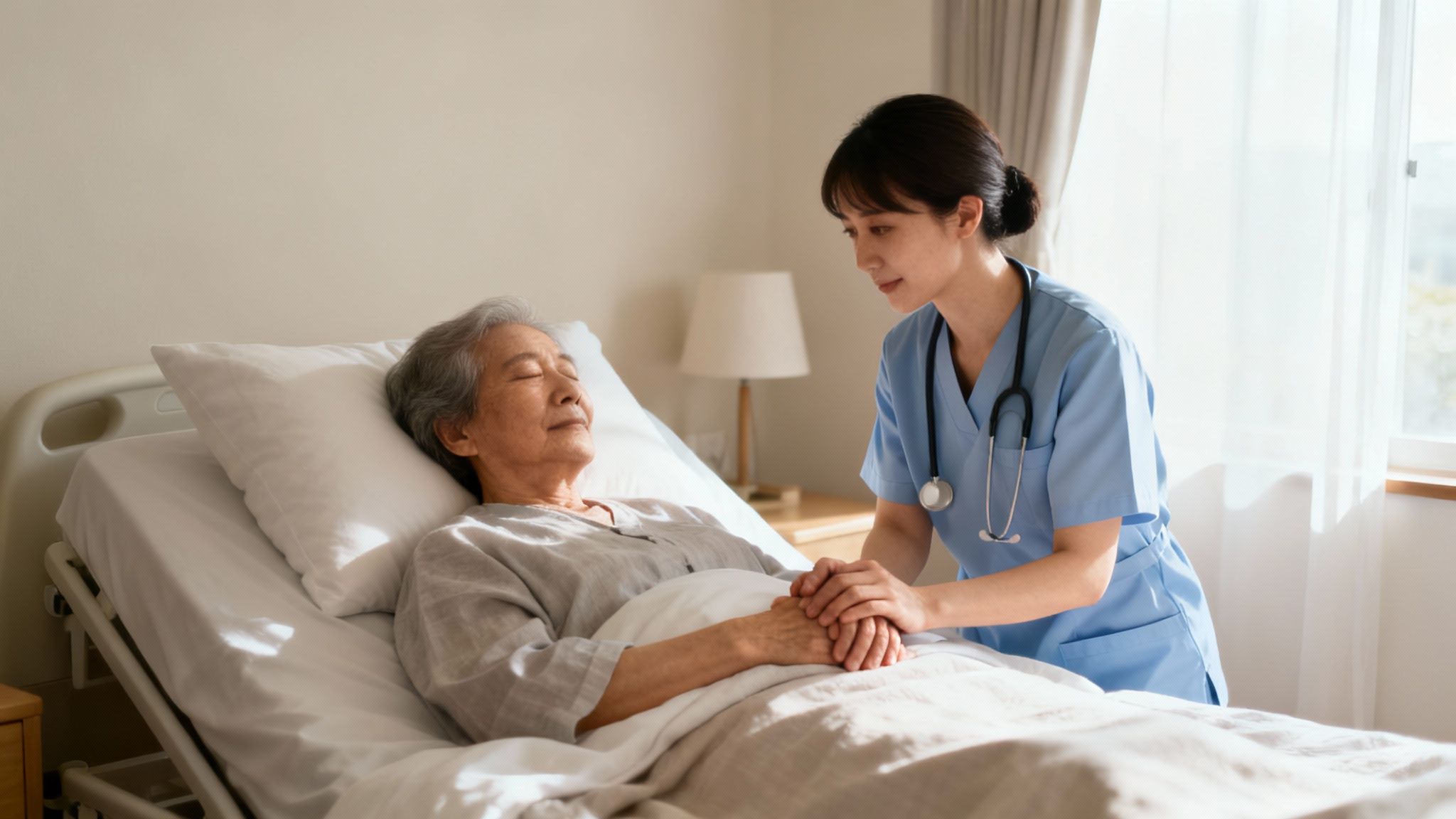 A compassionate healthcare professional provides comfort to an older patient in a home setting.