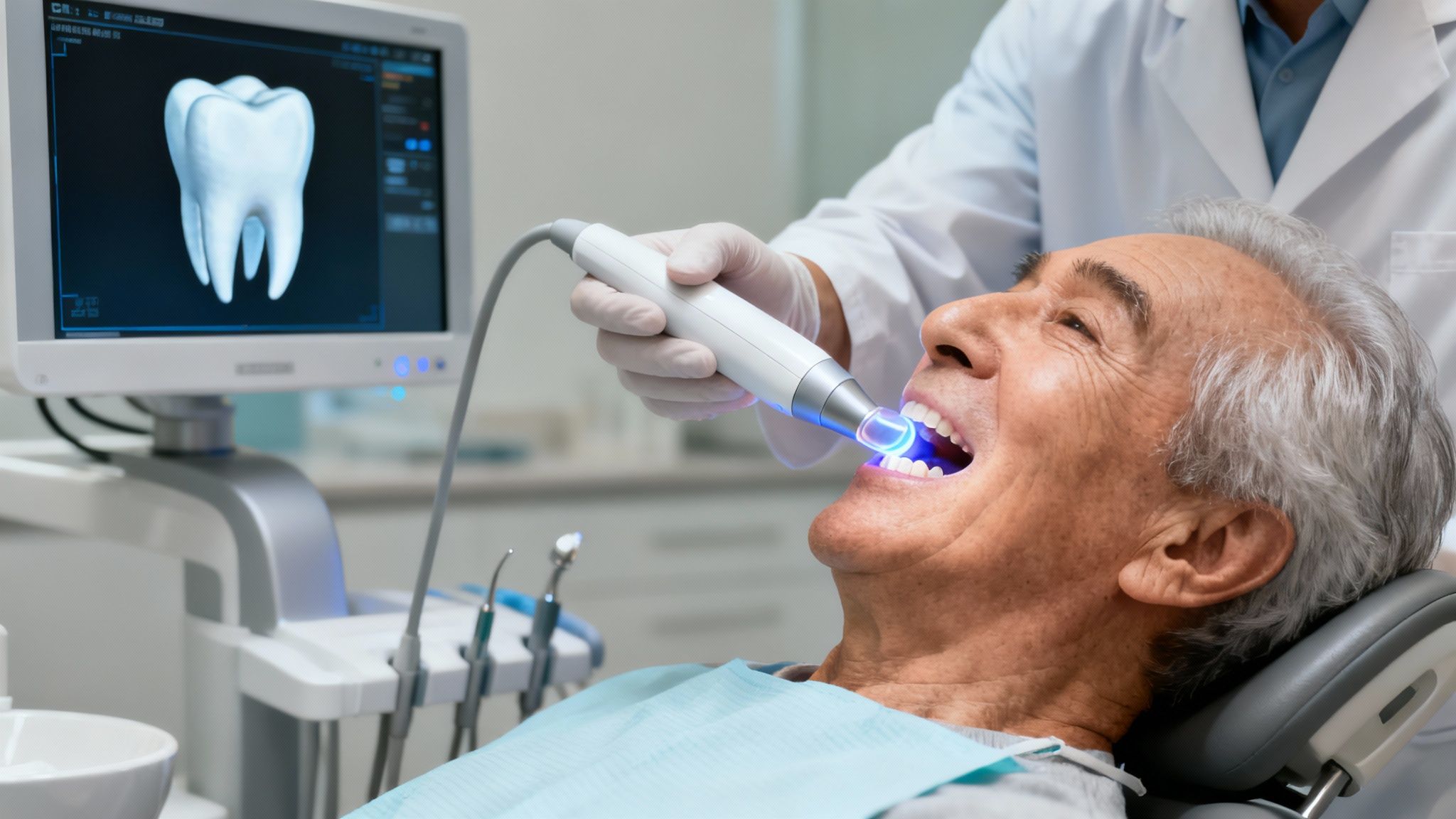 Dentist using a digital oral scanner on an elderly male patient, with a 3D tooth model on screen.