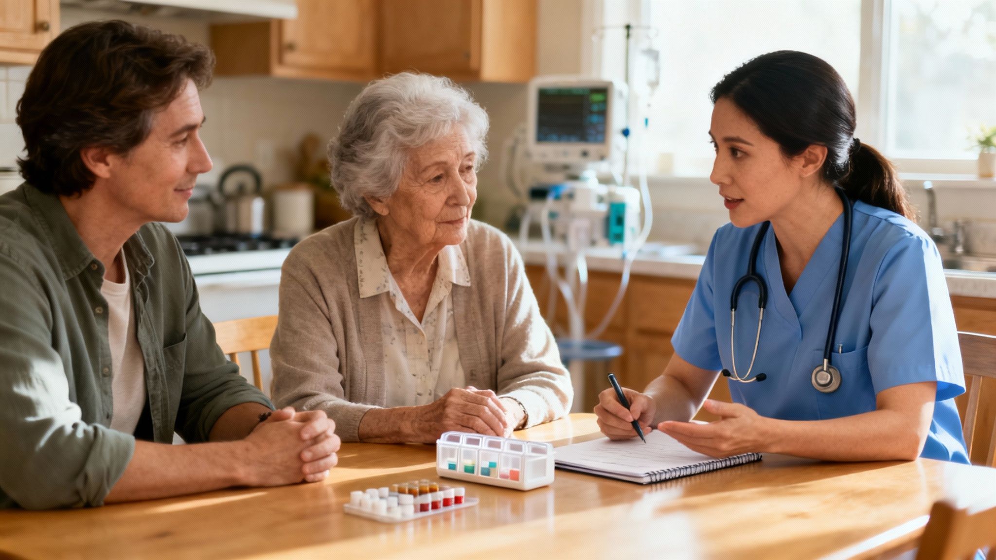 A healthcare worker explains medication to an elderly patient and her son in a home setting.